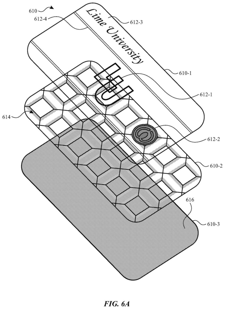 Separate visual layers that combine to create a shimmering, metallic student ID on a phone screen. Drawing from patent filing US 2026/0311424 A1.