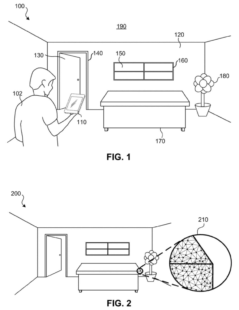 A person scanning a room with a tablet while the device translates real-world furniture and walls into a 3D digital model. Drawing from patent filing US 2026/0311432 A1.