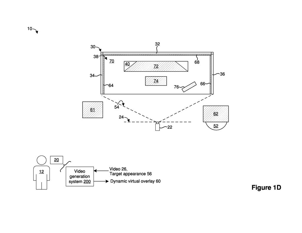 A camera films a room while a computer adds fake walls, tables, and decorations to hide unwanted flaws on a movie set. Drawing from patent filing US 2026/0311436 A1.