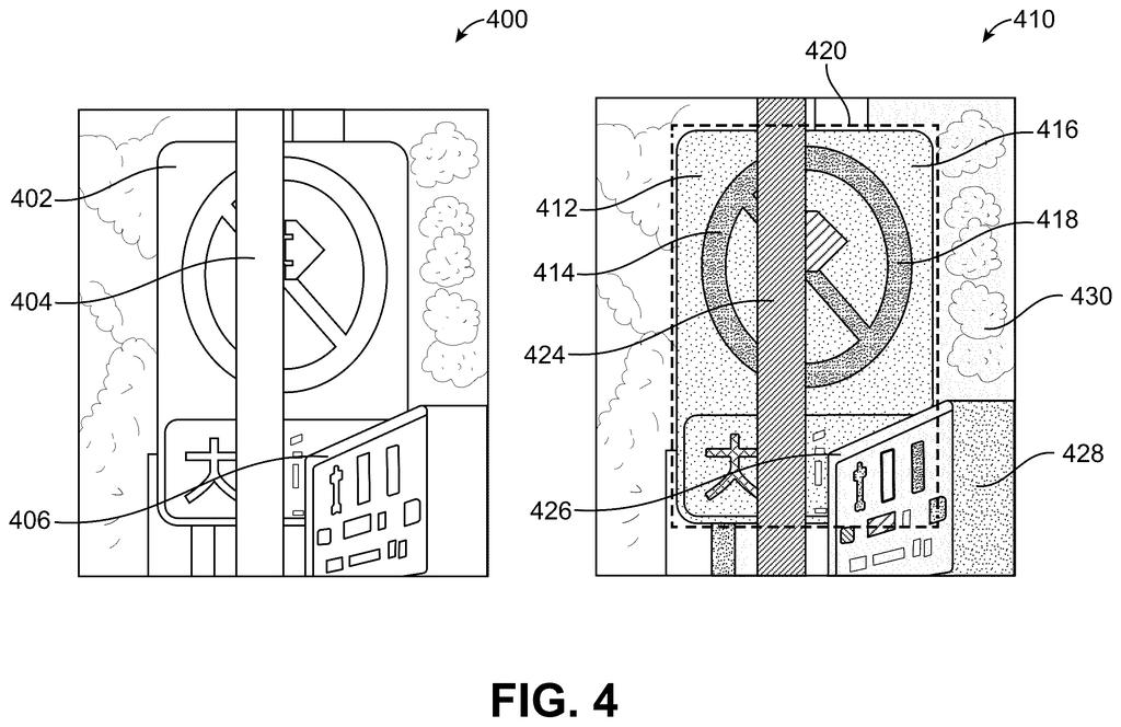 Street signs analyzed to detect poles and other obstacles blocking a driver's view of traffic notices. Drawing from patent filing US 2026/0311492 A1.