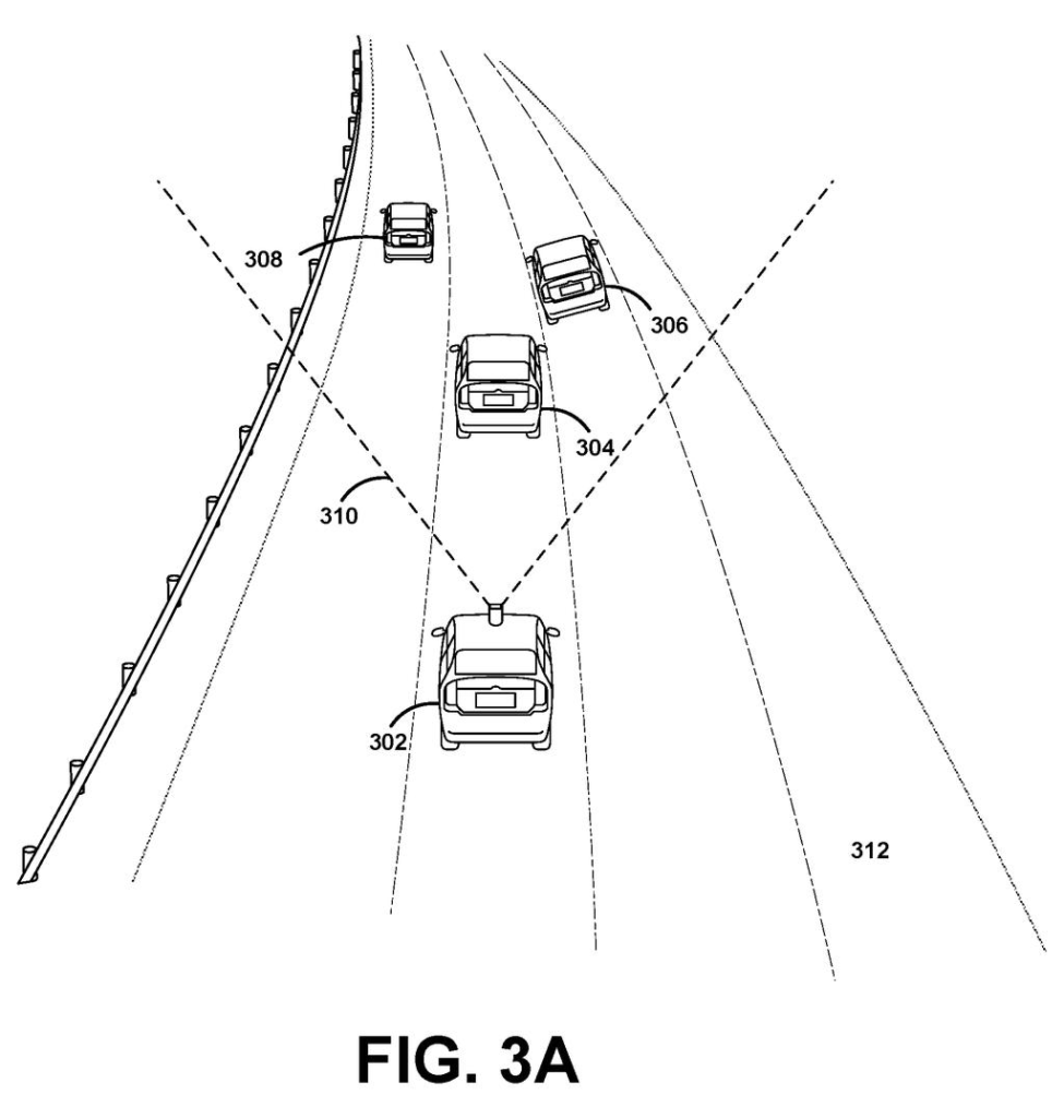 An autonomous vehicle tracks nearby traffic to determine if other drivers are turning or changing lanes. Drawing from patent filing US 2026/0311495 A1.