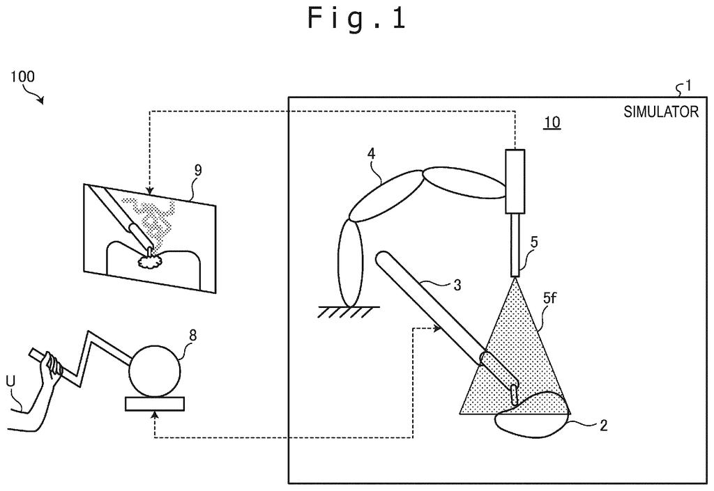 A surgeon guides a virtual tool using a handheld controller while the screen displays simulated surgical smoke and tissue cutting. Drawing from patent filing US 2026/0311618 A1.