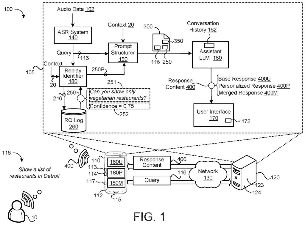 An AI assistant on a smartphone checks a person’s past search preferences before answering a voice question. Drawing from patent filing US 2026/0311689 A1.