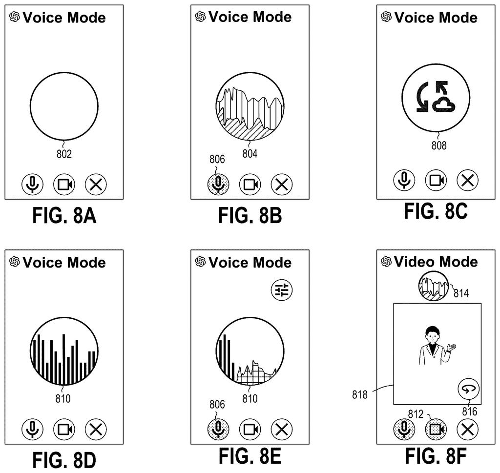 Phone screens show the voice app reacting visually as a person speaks, pauses, and receives spoken answers. Drawing from patent filing US 2026/0311694 A1.