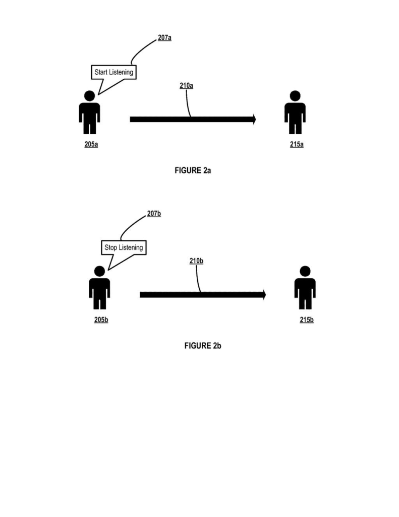 Earbuds recording another person nearby when given voice commands to start and stop listening. Drawing from patent filing US 2026/0311695 A1.