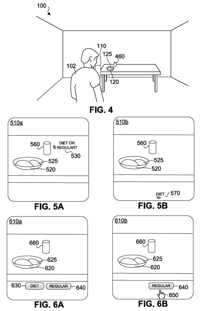 A headset prompts the wearer to clarify whether a soda can is diet or regular so it can accurately log the drink. Drawing from patent filing US 2026/0311842 A1.