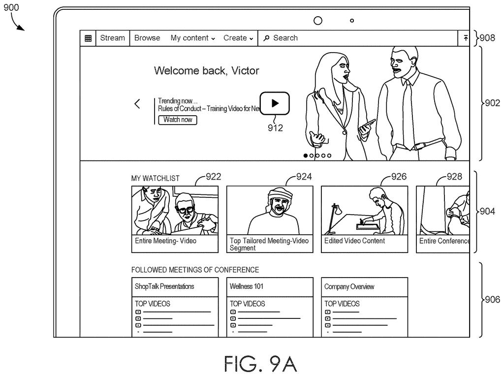 A computer screen displaying personalized meeting video recommendations and highlight clips tailored to an employee. Drawing from patent filing US 2026/0313012 A1.