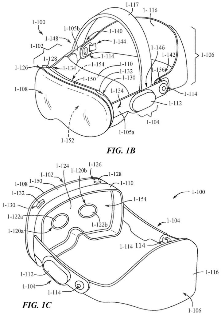 A headset designed to track facial movements and display virtual avatars to other users. Drawing from patent filing US 2026/0313075 A1.