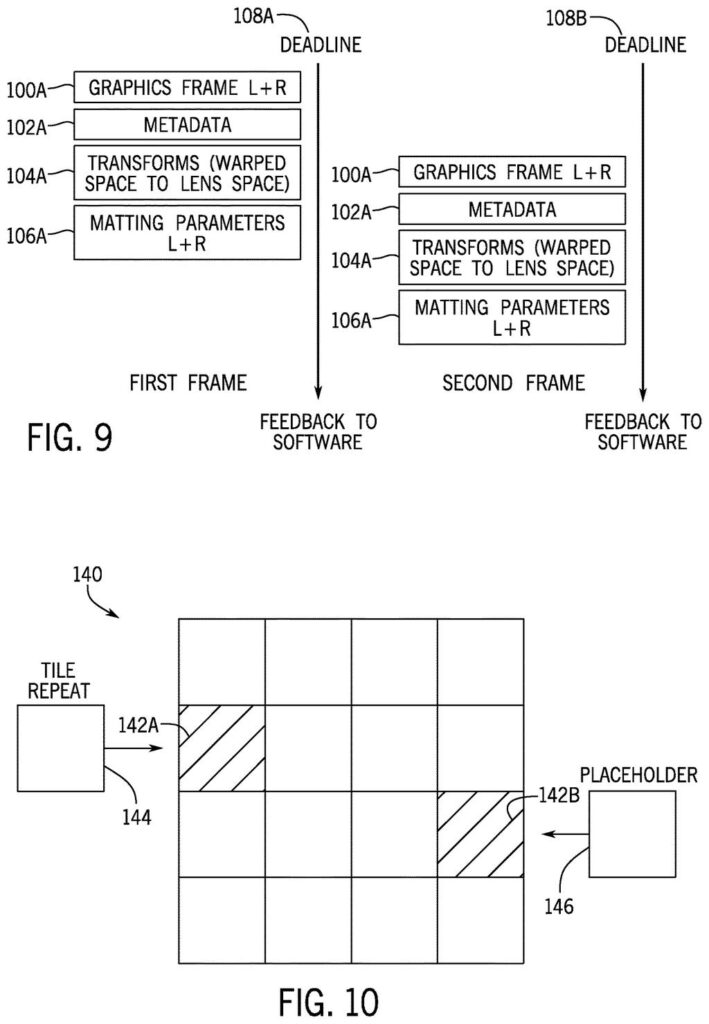 A video screen fills in missing image tiles with placeholders or repeated sections to keep playback smooth. Drawing from patent filing US 2026/0313166 A1.