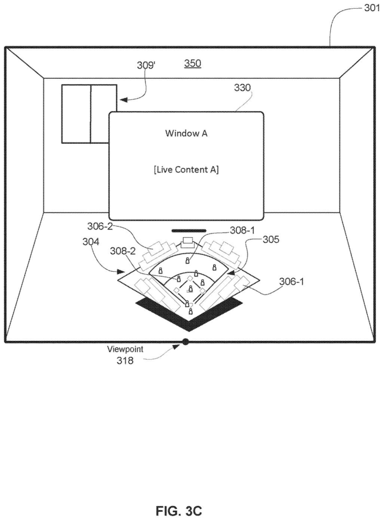A virtual reality view pairs a floating sports broadcast screen with an interactive miniature 3D baseball stadium on the floor. Drawing from patent filing US 2026/0313190 A1.