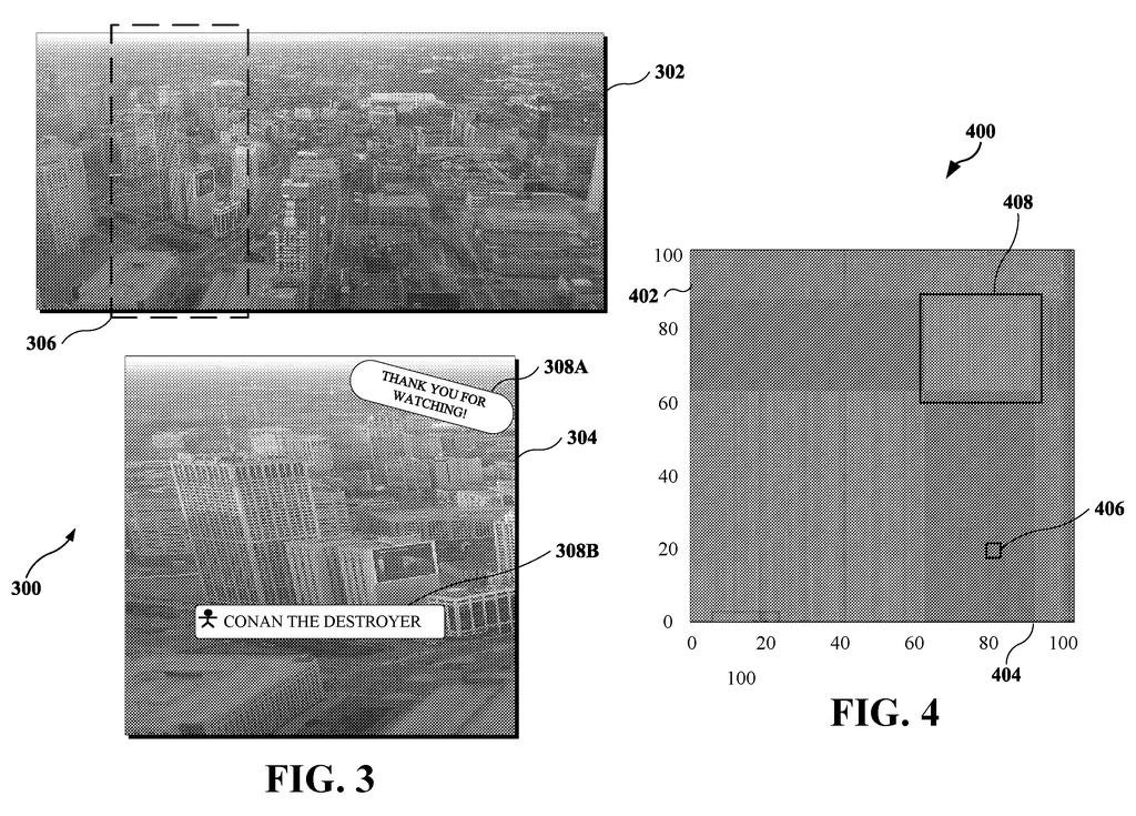 An original wide video shot alongside a cropped, altered version containing added text and overlays. Drawing from patent filing US 2026/0313192 A1.