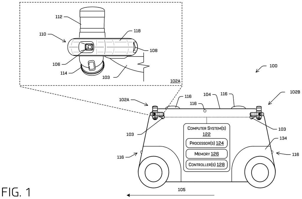 A self-driving taxi mounts spinning glass shields over its cameras and sensors to fling away rain and keep the road visible. Drawing from patent filing US 2026/0313243 A1.