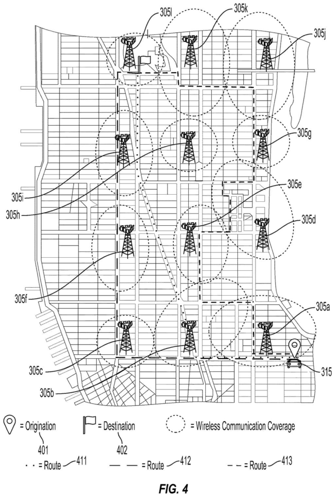 A navigation map plots driving routes through city streets to keep a car connected to nearby cell towers. Drawing from patent filing US 2026/0313315 A1.
