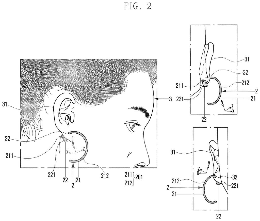 An electronic smart earring worn on an earlobe with a decorative loop that doubles as an antenna. Drawing from patent filing US 2026/0314762 A1.