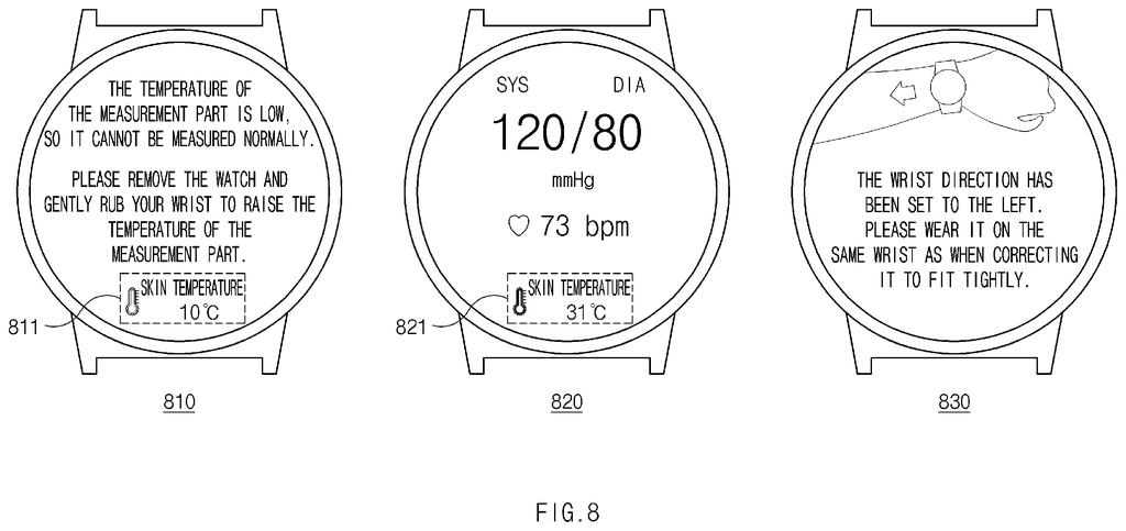Smartwatch screens prompting a wearer to warm their wrist and showing blood pressure readings alongside skin temperature. Drawing from patent filing US 2026/0314943 A1.