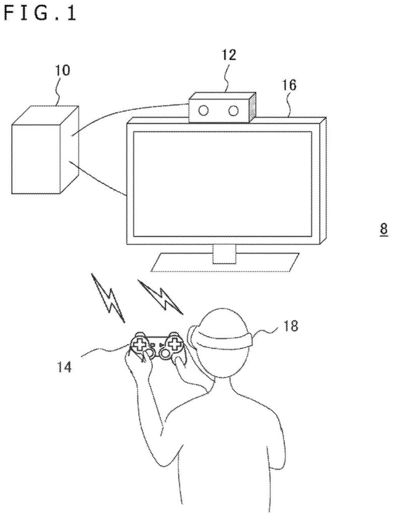 A player using a virtual reality headset and handheld controller in front of a television and movement sensor. Drawing from patent filing US 2026/0315911 A1.