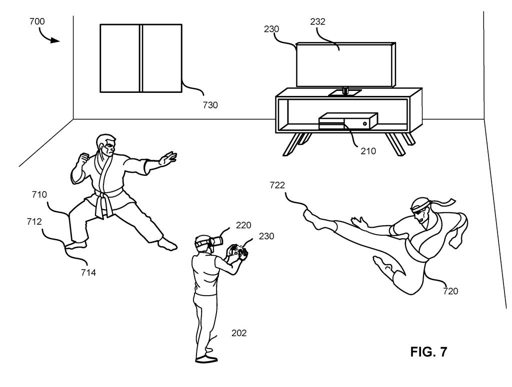 A player wearing a virtual reality headset watches video game fighters battle in the middle of a physical living room. Drawing from patent filing US 2026/0315916 A1.