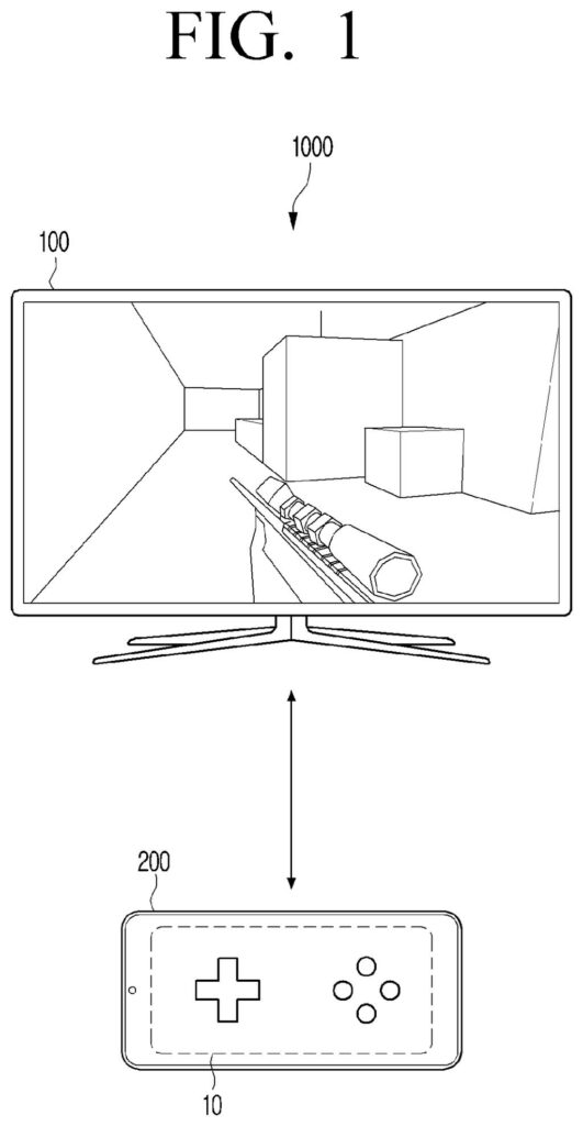 A smartphone screen morphs into a custom touch controller to operate a video game running on a television. Drawing from patent filing US 2026/0315921 A1.