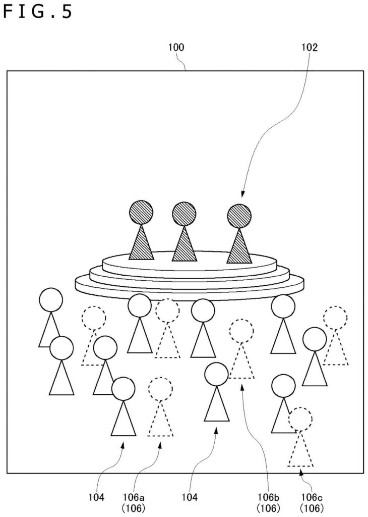 A virtual concert stage where automated figures stand among real spectator avatars to fill out an online audience. Drawing from patent filing US 2026/0315927 A1.