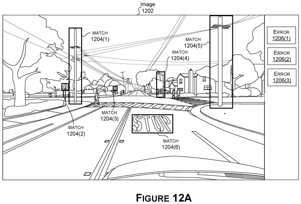 A car's onboard camera tracks street signs and utility poles to double-check its location on the road. Drawing from patent filing US 2026/0316784 A1.