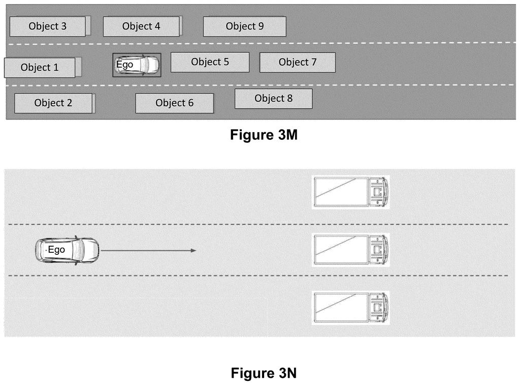 Overhead road simulations arrange surrounding trucks and cars into unusual patterns to test how an autonomous vehicle handles tricky traffic. Drawing from patent filing US 2026/0316792 A1.