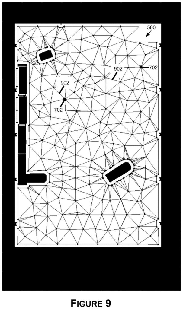 A network of interconnected travel paths mapped across a floor plan helps autonomous robots steer safely around obstacles. Drawing from patent filing US 2026/0318688 A1.