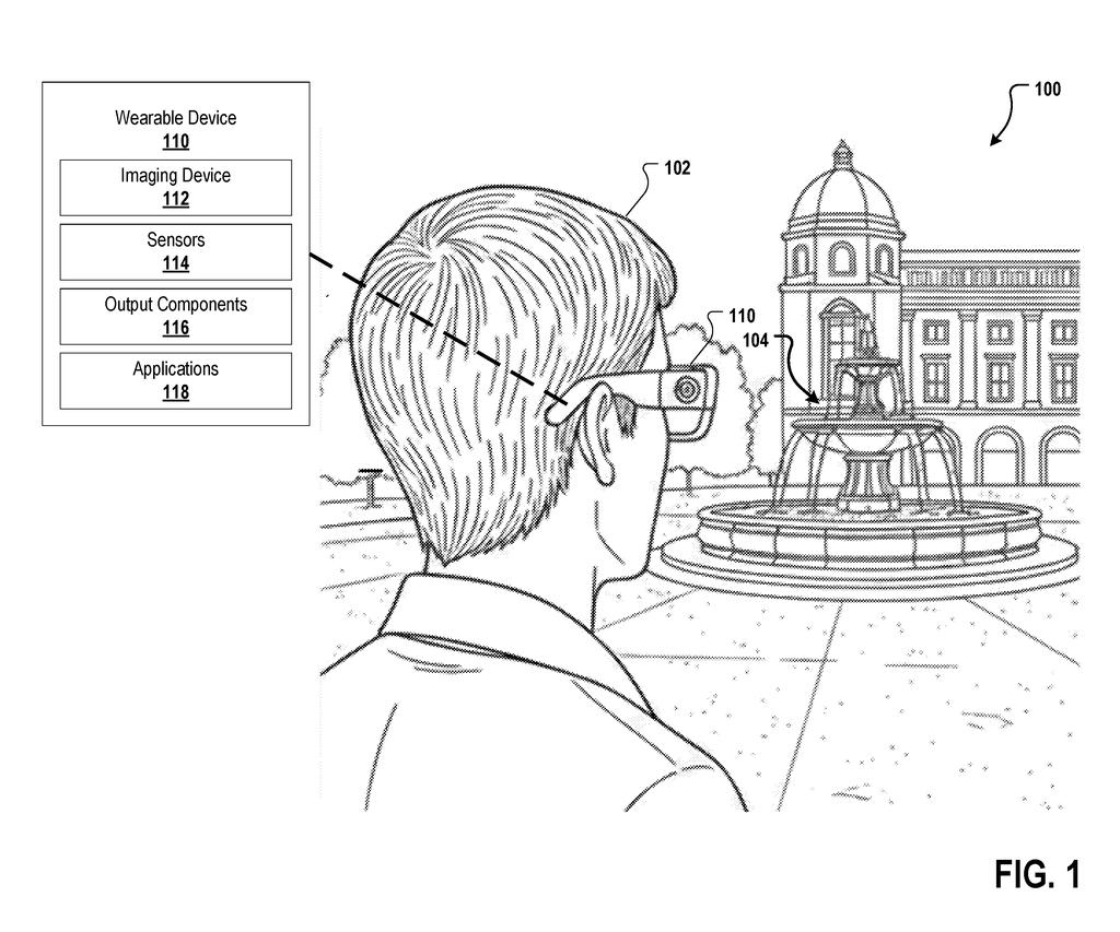 A person wearing smart glasses looks toward a landmark fountain while built-in cameras and sensors track their surroundings. Drawing from patent filing US 2026/0318700 A1.