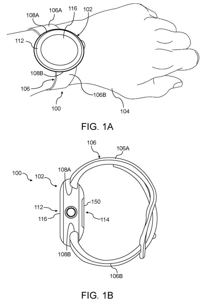 A smartwatch worn on the wrist with underside sensors that track heart rate and health data through the skin. Drawing from patent filing US 2026/0318733 A1.