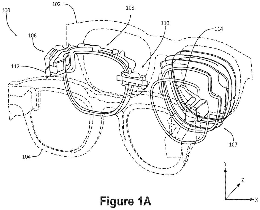 Smart glasses framing showing how display hardware and lenses fit together inside a pair of everyday spectacles. Drawing from patent filing US 2026/0319261 A1.