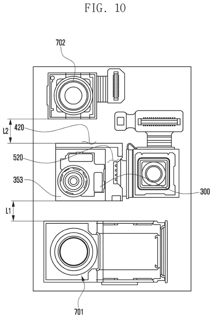 Multiple phone cameras packed tightly together, arranged with gaps between their steering magnets to prevent interference. Drawing from patent filing US 2026/0319331 A1.