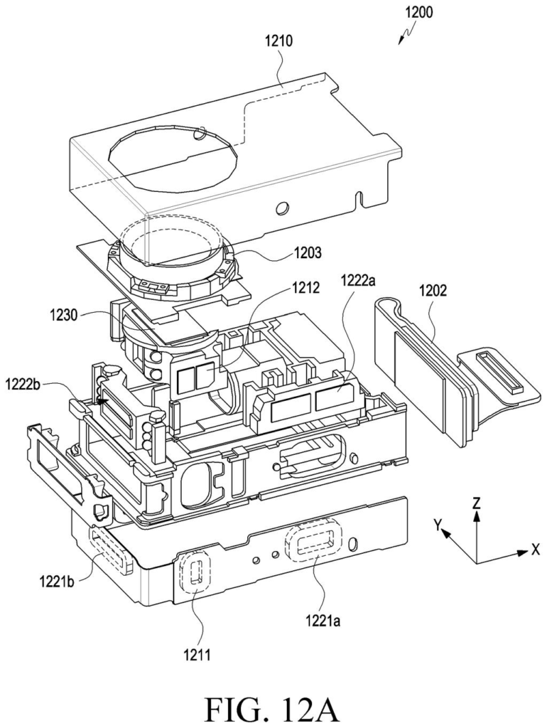 Internal parts of a smartphone zoom camera showing how lenses, magnets, and electric coils fit inside the housing. Drawing from patent filing US 2026/0319338 A1.