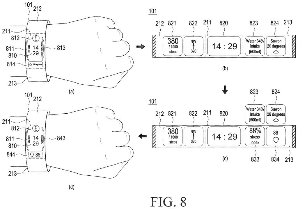 A wraparound smartwatch shows time and health stats on the wrist, then spreads out more information when taken off and laid flat. Drawing from patent filing US 2026/0319544 A1.