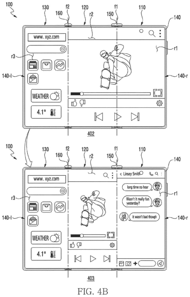 A phone with two hinges shifts running apps into separate panels so content stays clear of the bend lines. Drawing from patent filing US 2026/0319551 A1.