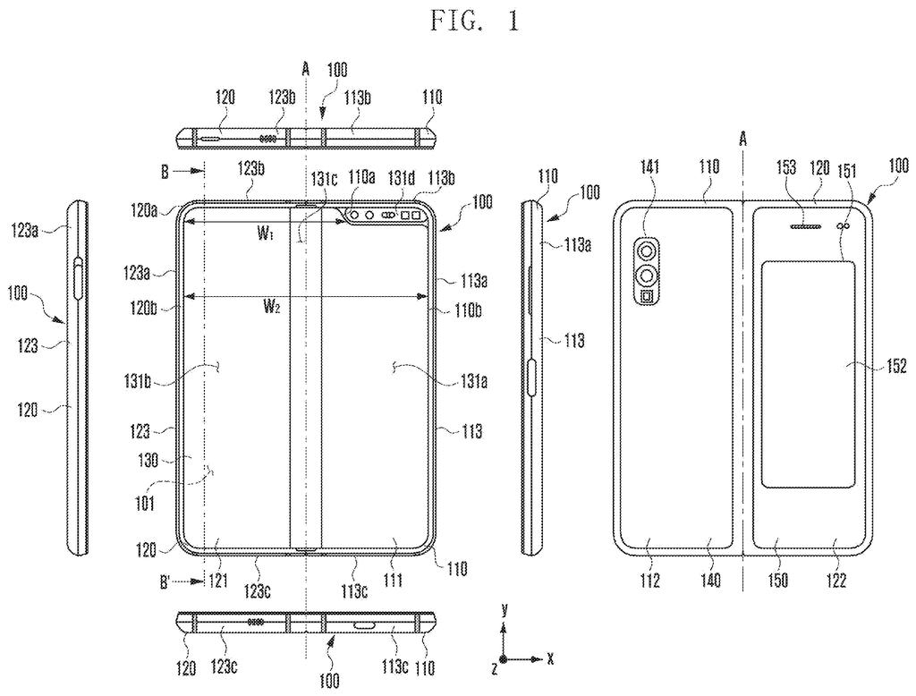 An unfolded foldable phone with a large main screen on the front and a secondary cover display alongside cameras on the back. Drawing from patent filing US 2026/0319553 A1.