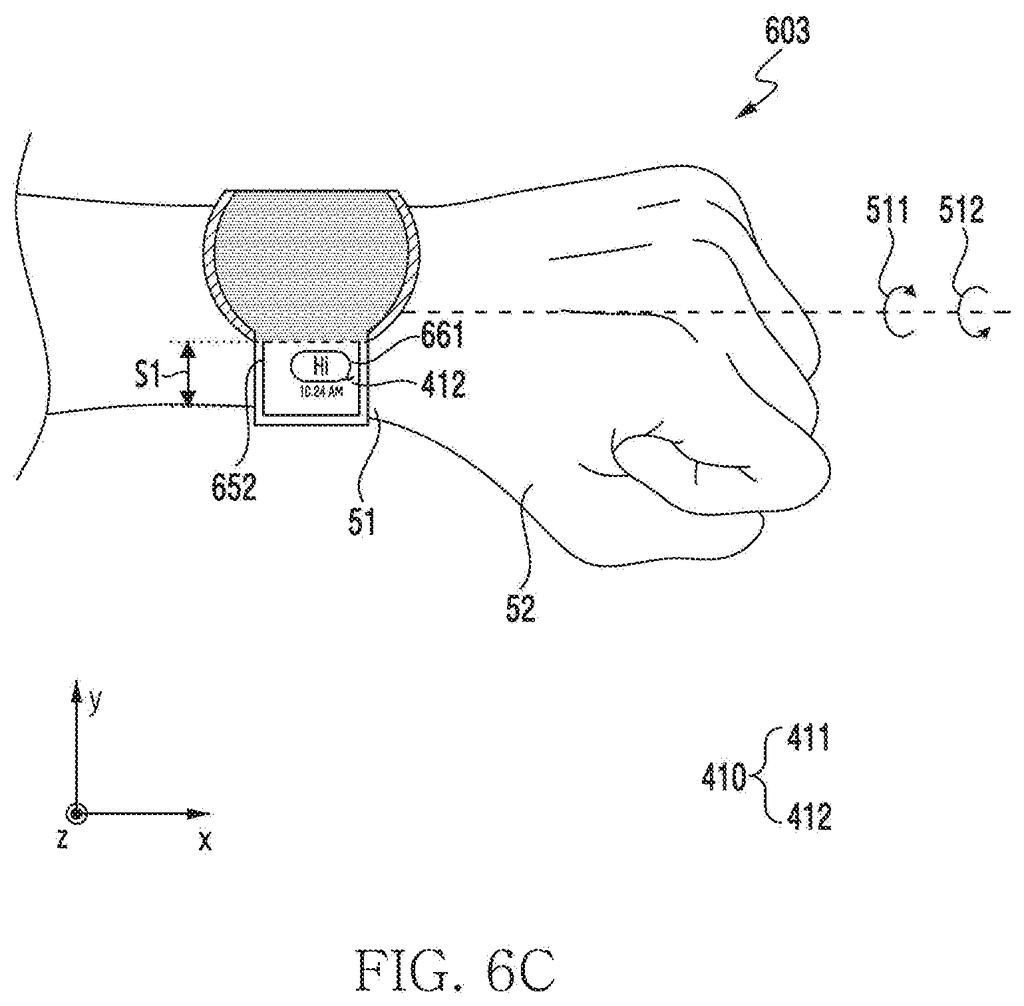A smartwatch transfers an incoming text message from its main face onto its band as the wearer rotates their wrist. Drawing from patent filing US 2026/0319575 A1.