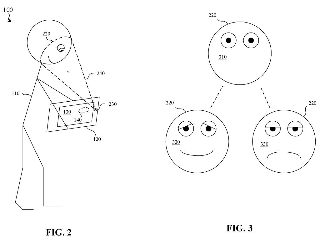 A headset tracks a person's facial expressions to determine their emotional state and detect when they become uncomfortable. Drawing from patent filing US 2026/0319578 A1.