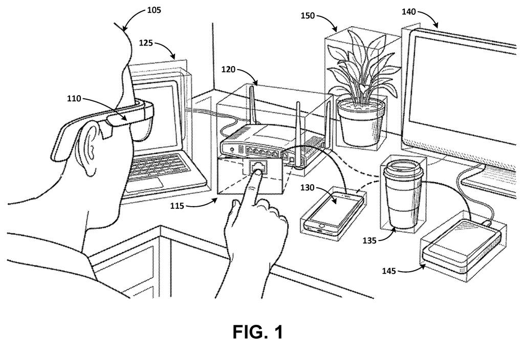 Smart glasses track desk objects such as a coffee cup and hard drive to warn users before accidents happen. Drawing from patent filing US 2026/0319581 A1.