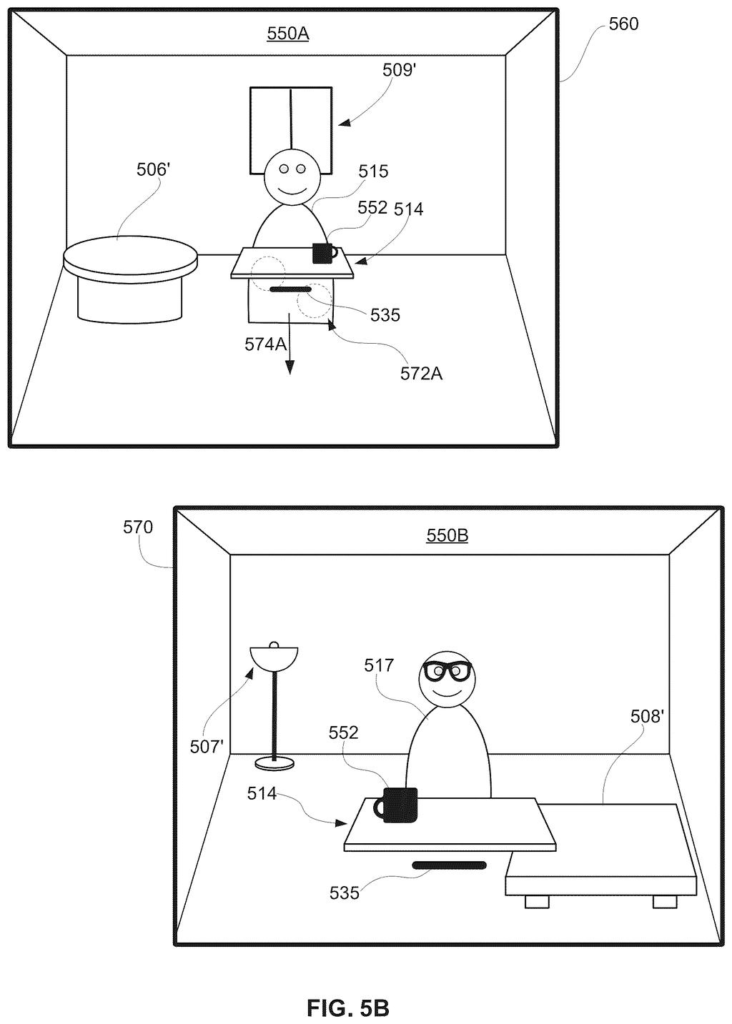 A headset wearer drags a handle to move a caller's avatar and a shared desk across the room. Drawing from patent filing US 2026/0319632 A1.