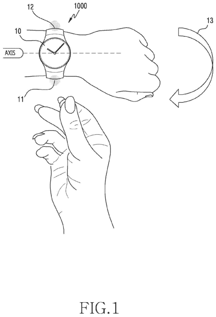 A smartwatch worn on an arm twisting to trigger controls while fingers gesture nearby. Drawing from patent filing US 2026/0319654 A1.