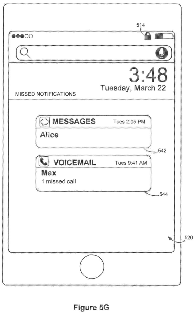 A phone lock screen shows message and voicemail alerts stacked beneath the current time. Drawing from patent filing US 2026/0319656 A1.