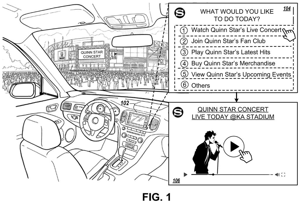A car dashboard screen offers a live video stream of a nearby concert taking place outside the vehicle. Drawing from patent filing US 2026/0319849 A1.
