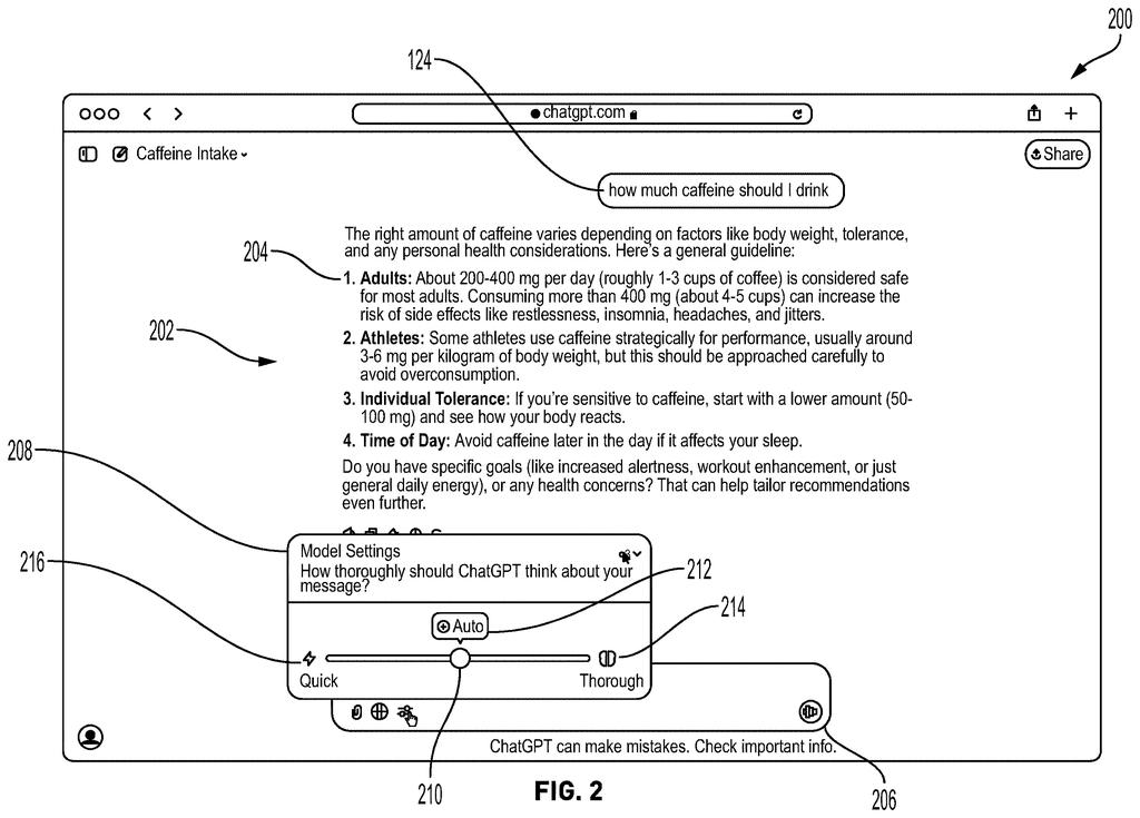 A chat window showing a slider that lets users choose between quick replies and deeper thinking. Drawing from patent filing US 2026/0319862 A1.