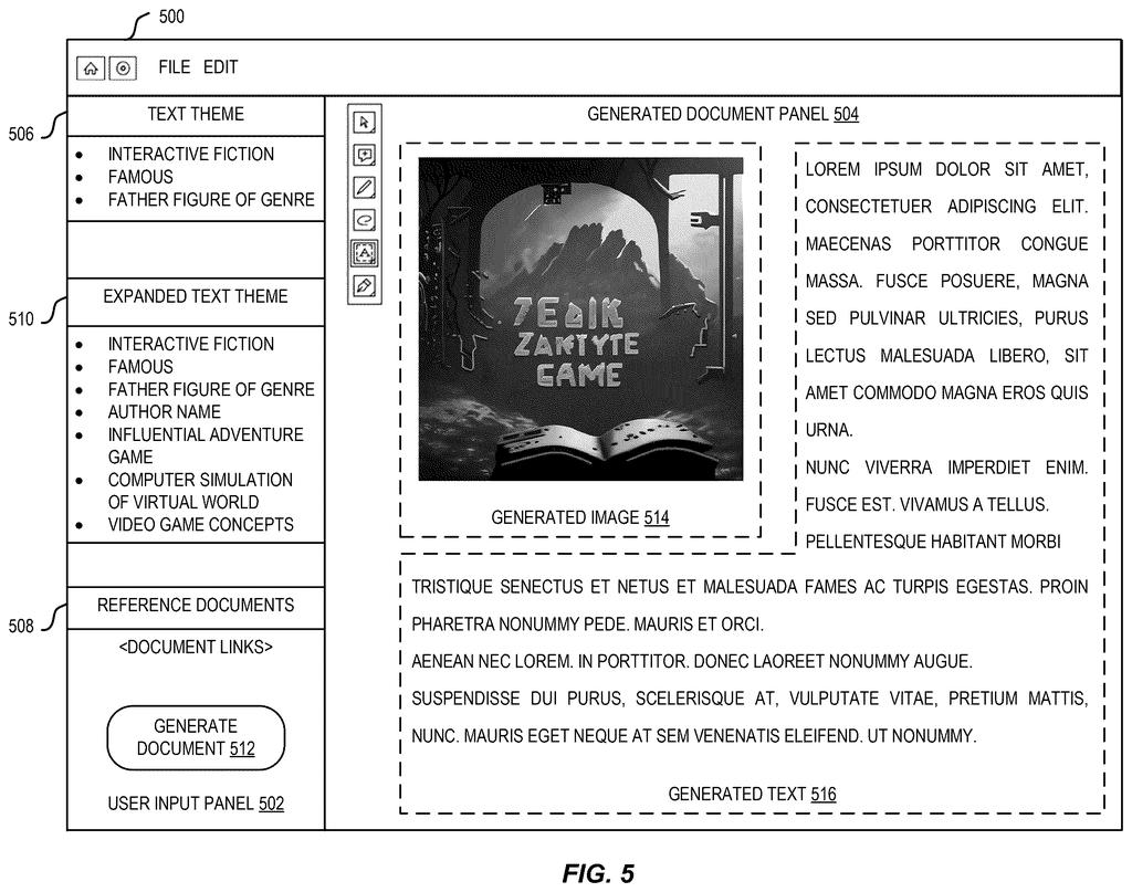 A software screen that creates an article draft with matching pictures using topics and reference documents supplied by the user. Drawing from patent filing US 2026/0320092 A1.