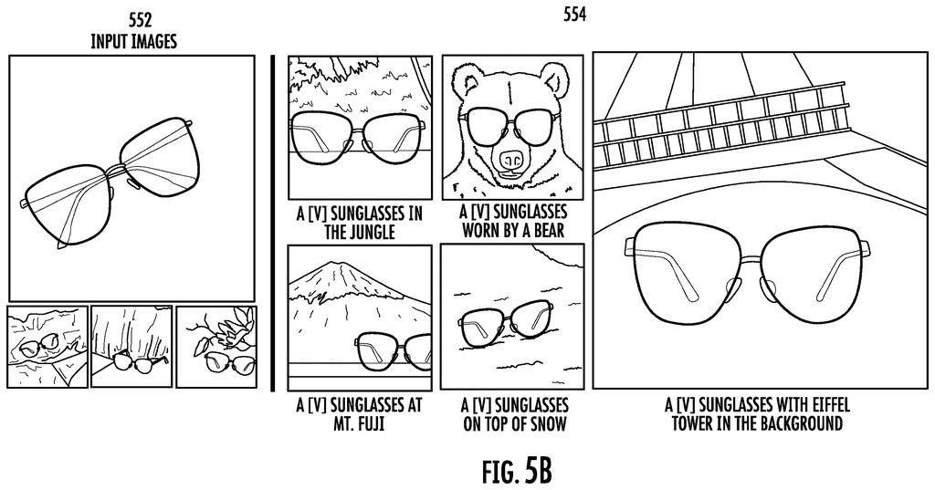 AI-generated commercial scenes placing a single pair of sunglasses into varied settings and outfits based on reference photos. Drawing from patent filing US 2026/0320111 A1.