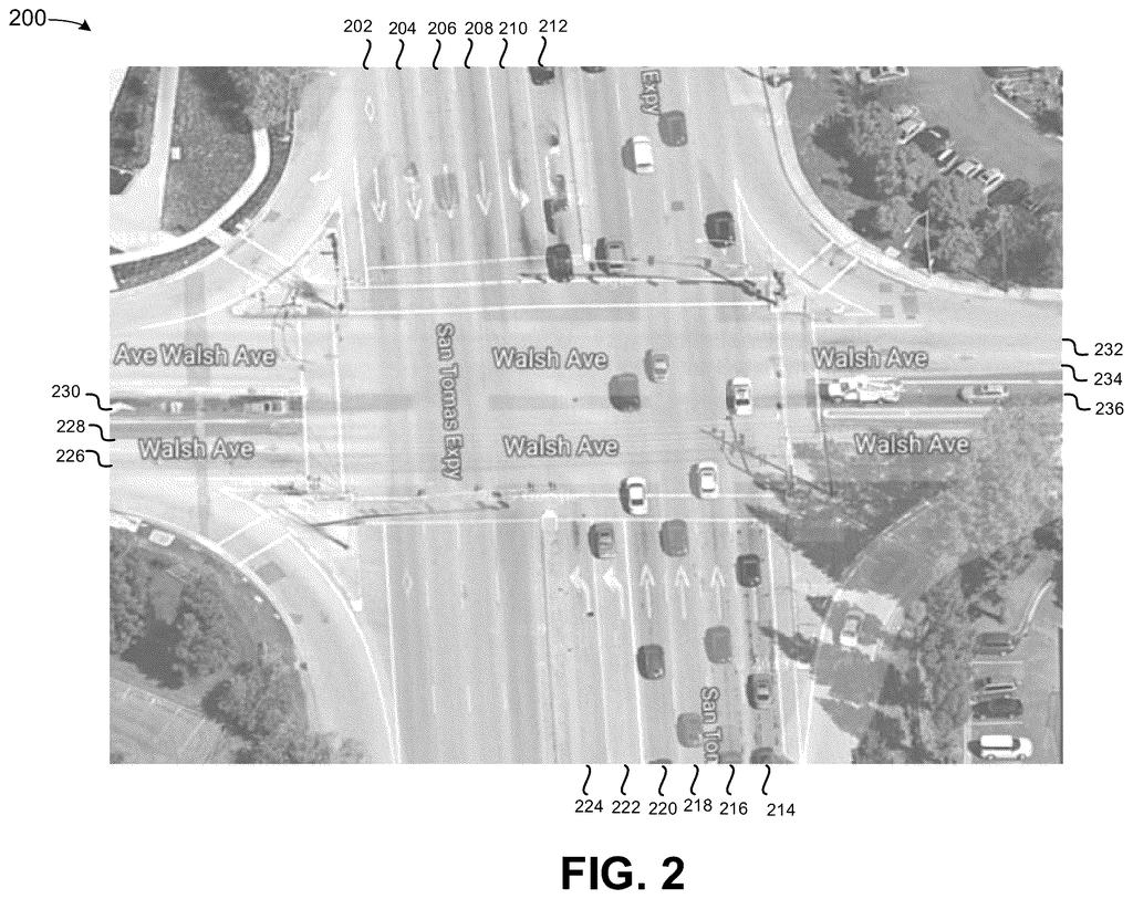 An overhead camera view of a busy road intersection tracks cars and lane markings to train traffic AI. Drawing from patent filing US 2026/0320156 A1.
