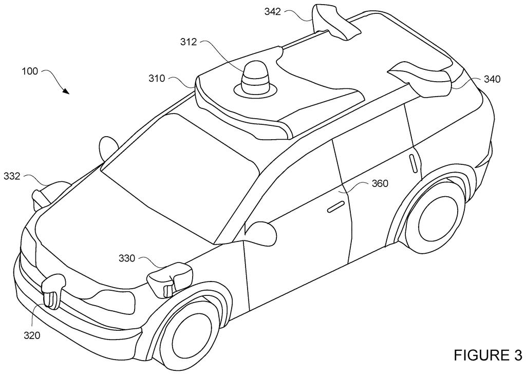 A self driving car carries cameras and sensors on its roof and body to scan the roadway for distant obstacles. Drawing from patent filing US 2026/0320334 A1.