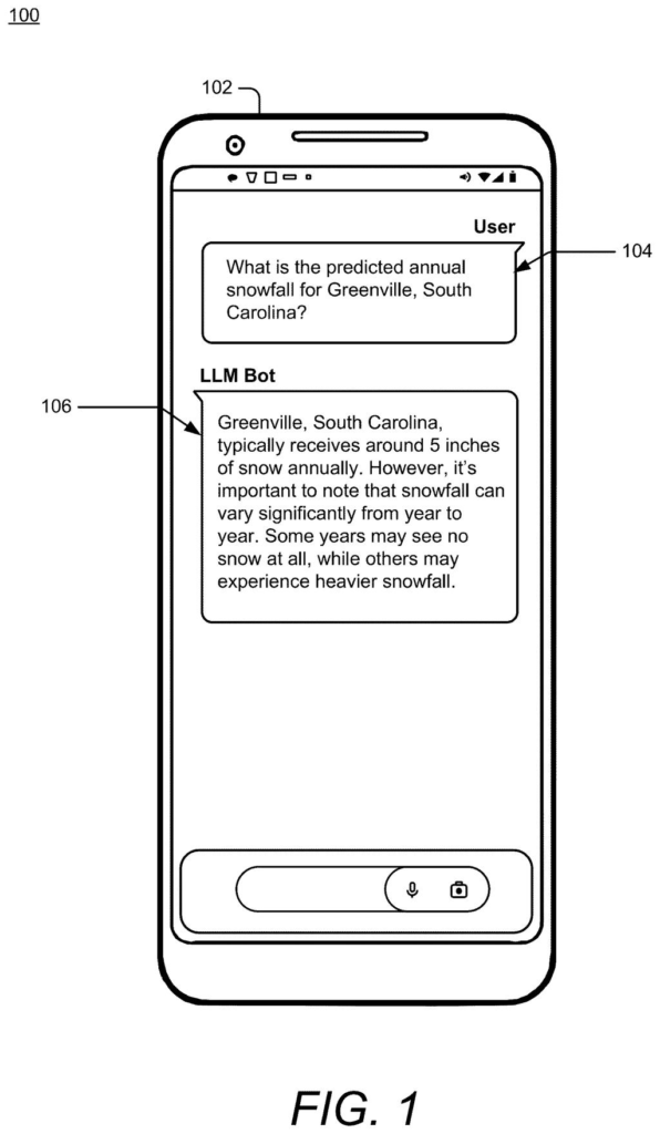 A phone screen with an AI chatbot answering a user's question about the weather. Drawing from patent filing US 2026/0320364 A1.
