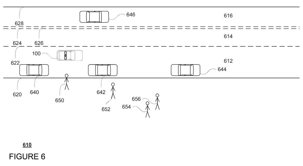 An autonomous vehicle navigating past parked cars and pedestrians along a street curb to pick up a passenger. Drawing from patent filing US 2026/0320508 A1.