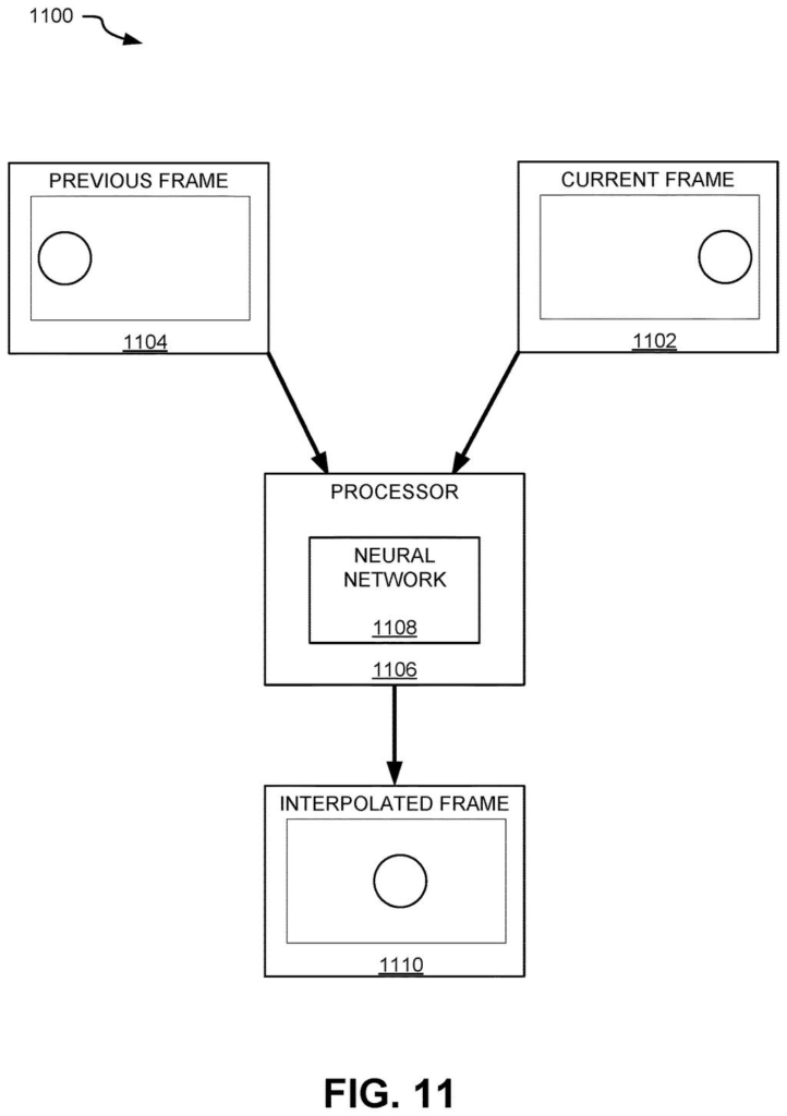 An AI program creates a new video frame positioned between two existing frames to make video playback smoother. Drawing from patent filing US 2026/0320741 A1.