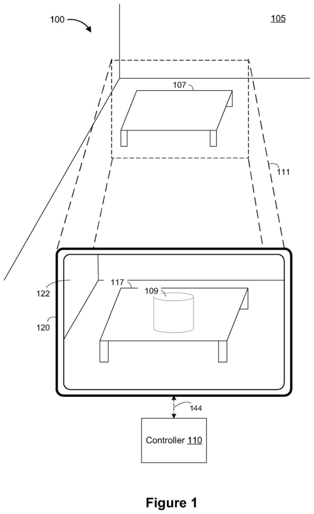A headset display combines a real room with virtual objects, adjusting the perspective to match where the wearer looks. Drawing from patent filing US 2026/0320743 A1.